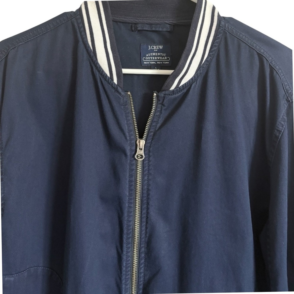 J.Crew Mens Navy Blue Cotton Varsity Bomber Jacket Striped Trim Size L Full Zip - Picture 3 of 7